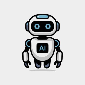 Cartoon AI robot with screen, segmented limbs, and friendly design in white, black, and blue for technology illustration vector