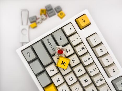 Red switches, Keyboard repair, broke keyboard, red keycaps keyboard work, fo advertising, white background, copy space photo