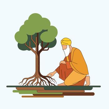 Man tending to a tree's exposed roots in a minimalist illustration vector