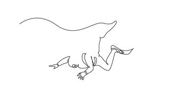 animerad själv teckning av kontinuerlig linje dra man dykning dykare är flytande under vattnet med en tank och fenor, pekande de sätt för utforskning, vätska rörelse och äventyr. full längd ett linje animering video