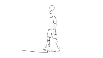 Animated self drawing of continuous line draw young man soccer freestyle athlete expertly balancing ball on his forehead while standing upright. Precise control, focus. Full length one line animation video