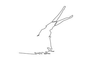 Animated self drawing of continuous line draw two attractive women are performing a synchronized vertical lift. Complex balance and fluid grace of artistic swimming. Full length single line animation video
