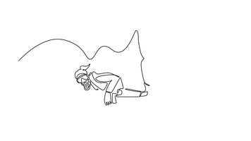 själv teckning animering av enda linje dra dykning dykare är flytande under vattnet nära yta, ger ok tecken medan bär full mask och tank, utforskning, säkerhet. kontinuerlig linje. full längd animerad video