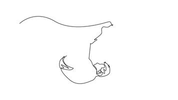Self drawing animation of single line draw man diving athlete executing flawless tuck position in somersault over the water, illustrating precision, fluid motion. Continuous line. Full length animated video