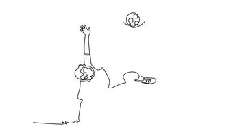 Animated self drawing of continuous line draw young man soccer freestyle athlete executing a bicycle kick or overhead trick with a ball. Dynamic skill and acrobatics. Full length single line animation video