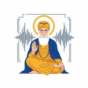 Illustration of Guru Nanak Dev Ji meditating with spiritual sound waves vector