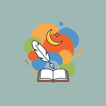 Open book with quill and moon, symbolizing knowledge and dreams vector