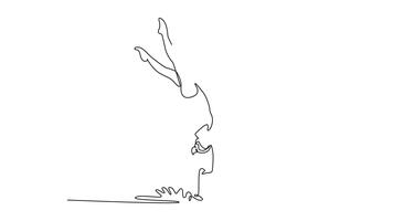 Animated self drawing of continuous line draw creative woman is performing vertical handstand in the water. Complex balance and graceful inversion of artistic swimming. Full length one line animation video