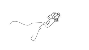 animerad själv teckning av kontinuerlig linje dra attraktiv dykning dykare flytande under vattnet med tank och stor fenor, glidande utan ansträngning, vätska utforskning och äventyr. full längd ett linje animering video