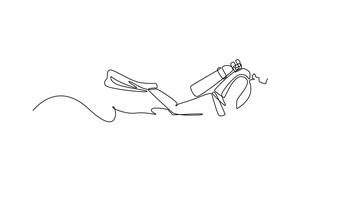 animato se stesso disegno di continuo linea disegnare uomo autorespiratore tuffatore è galleggiante subacqueo con serbatoio e pinne, volo a vela senza sforzo nel orizzontale posizione, fluido esplorazione. pieno lunghezza uno linea animazione video