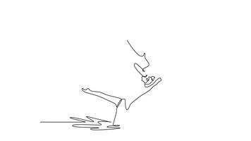 animato se stesso disegno di continuo linea disegnare Due giovane creativo donne siamo l'esecuzione sincronizzato, sottosopra verticale posa con uno supporto il altro nel acqua. pieno lunghezza singolo linea animazione video