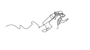 se stesso disegno animazione di singolo linea disegnare autorespiratore tuffatore è galleggiante subacqueo con un' serbatoio e pinne, puntamento il modo per esplorazione, fluido movimento e avventura. continuo linea. pieno lunghezza animato video
