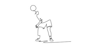 animerad själv teckning av kontinuerlig linje dra kvinna fotboll freestyle idrottare sakkunnigt balansering boll på henne panna medan lutande fram. exakt kontrollera och fokus. full längd enda linje animering video