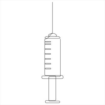 Continuous line art drawing of a syringe for medical use vector