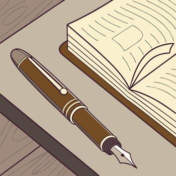 A pen and open book on a table vector