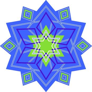 Blue green geometrical mandala on white background. Fantasy round ornament of lines and rectangles. Polygonal unusual star. Design element with christmas mood. vector
