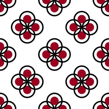 Seamless pattern of stylized square flowers. Ornament of repeating round elements. Red black circular motifs vector