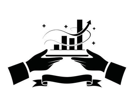 Hands holding a bar graph with an upward arrow vector