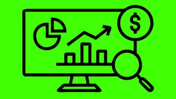 financeiro crescimento análise em computador tela com Aumentar gráfico, dólar símbolo ampliação vidro, verde fundo para o negócio analytics ícone animação Barra gráfico, torta gráfico procurar ferramenta video