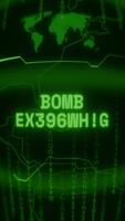 Old green Vertical Retro CRT screen showing text BOMB EXPLOSION appearing in random glitch and Haking style video