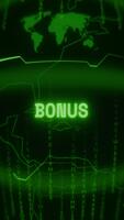 Old green Vertical Retro CRT screen showing text BONUS appearing in random glitch and Haking style video