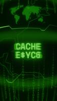 Old green Vertical Retro CRT screen showing text CACHE ERROR appearing in random glitch and Haking style video
