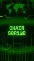 Old green Vertical Retro CRT screen showing text CHAIN STATUS appearing in random glitch and Haking style video