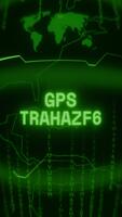 Old green Vertical Retro CRT screen showing text GPS TRACKING appearing in random glitch and Haking style video