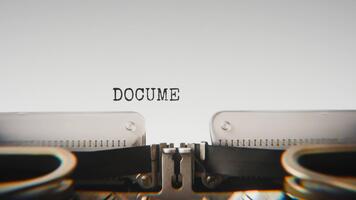 gammal mekanisk skrivmaskin skriver dokument i en stänga upp se, med metall brev slående de vit papper. video