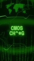 Old green Vertical Retro CRT screen showing text CMOS CHECK appearing in random glitch and Haking style video