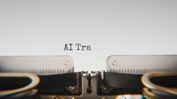 antiguo mecánico máquina de escribir mecanografía ai transparencia en un cerca arriba vista, con metal letras sorprendentes el blanco papel. video