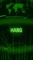 Old green Vertical Retro CRT screen showing text HANG appearing in random glitch and Haking style video