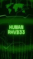 Old green Vertical Retro CRT screen showing text HUMAN RIGHTS appearing in random glitch and Haking style video