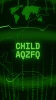 Old green Vertical Retro CRT screen showing text CHILD ABUSE appearing in random glitch and Haking style video