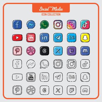 Collection of Social Media Icons Separated to Two Version One Set of Full Color and One Set of Lines only vector