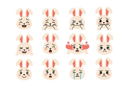 A set of bunny faces shows a range of negative emotions including sadness anger and crying. vector
