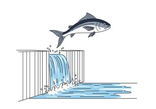 A determined salmon fish is jumping up a waterfall to overcome a dam in a display of strength. vector