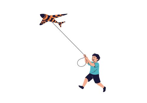 un pequeño chico es corriendo y jugando fuera de en un campo volador un vistoso a rayas cometa. vector