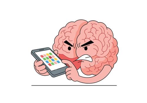 un enojado rojo cerebro es furiosamente aplastante un teléfono inteligente simbolizando frustración con tecnología. vector