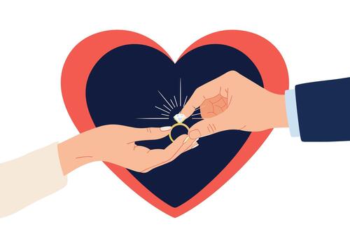 Hand places an engagement ring into an open palm within a large red heart symbolizing a proposal. vector