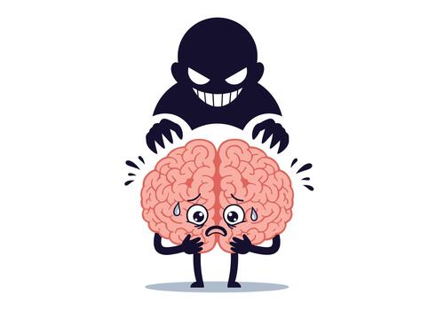 Evil shadow monster is manipulating a scared and confused human brain character with its hands. vector
