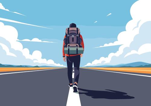 Backpacker stands on a long empty highway looking towards the horizon in a vast open landscape. vector