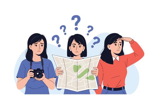 Group of three female tourists are lost and looking at a map with confused expressions. vector