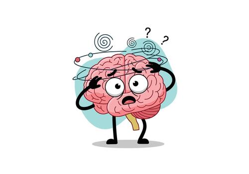 Confused cartoon brain character with question marks is trying to solve a difficult problem. vector