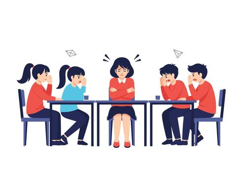 Family of four sits together at a dinner table having an argument with angry expressions. vector