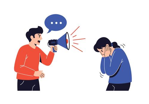 Man with a megaphone is yelling at another person who is covering their ears to block out the noise. vector