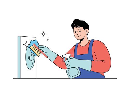 Man in uniform from a professional cleaning service is carefully spraying and wiping a large window. vector