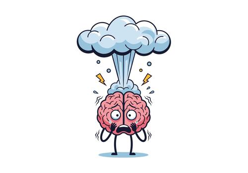 Cartoon brain is exploding from stress overload and mental pressure with smoke and sparks. vector