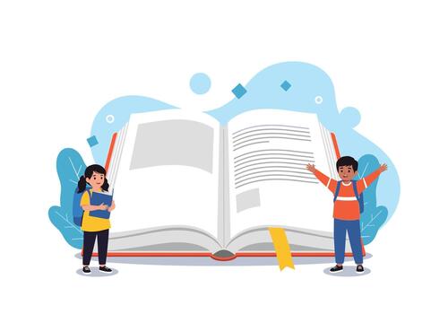 Happy children are reading a giant open book representing the joy and adventure of learning. vector