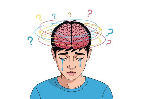 Sad and confused young man is crying with a tangled mess of thoughts and question marks in his brain. vector